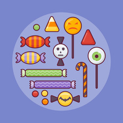 Naklejka premium Set of colorful candies flat line icon. Halloween elements.