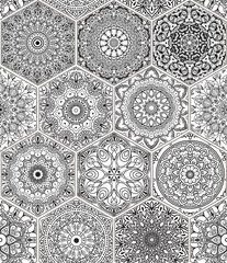 Oriental seamless pattern in style of colorful floral patchwork boho chic with mandala in hexagon elements