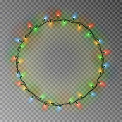 Garland wreath decorations. Christmas color lights ring with isolated shine lamps element. Glowing s