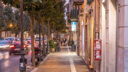 Fototapeta na wymiar Typical medieval narrow street in beautiful town of Albano Laziale night timelapse, Italy
