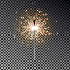 Bengal fire. New year sparkler candle isolated on transparent background. Realistic vector light eff - 223535370