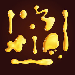 Set of different realistic honey or oil drops isolated on dark background. Vector illustration