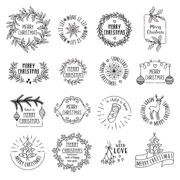 Little Christmas logos - hand drawn vector icons, emblems, text design