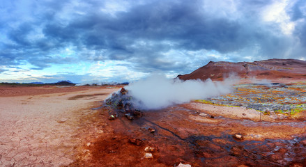 Smoking fumaroles on Hverarond valley, north Iceland, Europe. Landscape photography