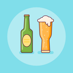 Beer bottle and glass flat line icon. Vector illustration.