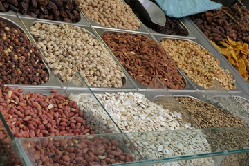 Tray with mix of different nuts on a market