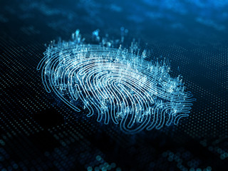 A computer identify and measuring the fingerprint on the digital surface. 3d illustration.