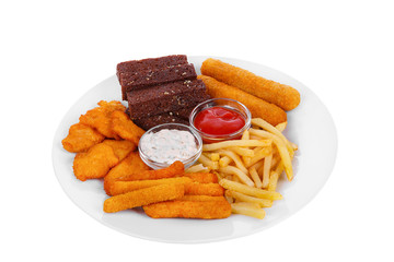 Hot appetizer croutons from rye bread, a set of chicken nuggets from meat, cheese sticks in breading, French fries, mayonnaise sauce, tar-tar, ketchup on plate, white isolated background Side view