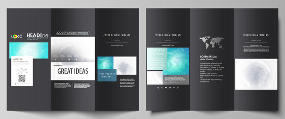 The black colored minimalistic vector illustration of the editable layout of two creative tri-fold brochure covers design templates. Chemistry pattern. Molecule structure. Medical, science background.