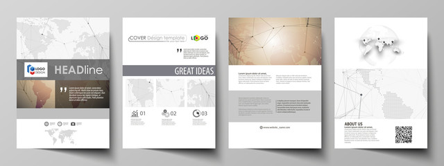 The vector illustration of the editable layout of A4 format covers design templates for brochure, magazine, flyer, booklet, report. Global network connections, technology background with world map.