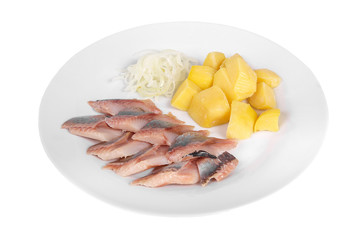 Snack, boiled potatoes slices, herring, salted fish, lightly salted, pickled onion, aperitif before alcohol, food on plate, white isolated background Side view. For the menu, restaurant, bar cafe