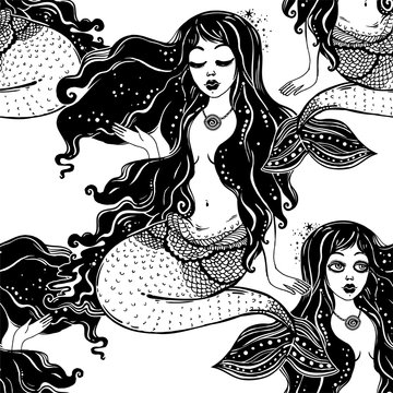Ocean mermaid girl long hair seamless pattern.