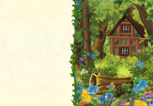 cartoon scene with beautiful medieval castle on the hill and wooden house hidden in the forest - with space for text - illustration for children