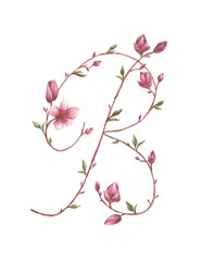 Floral Watercolor Alphabet. Letter B Made of Flowers. 