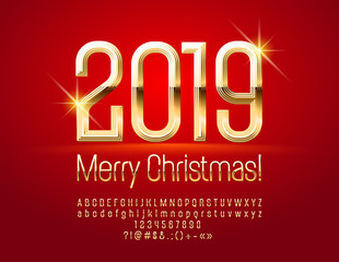 Vector chic Greeting Card Merry Christmas 2019. Luxury Golden Font. Elegant Alphabet Letters, Numbers and Symbols.