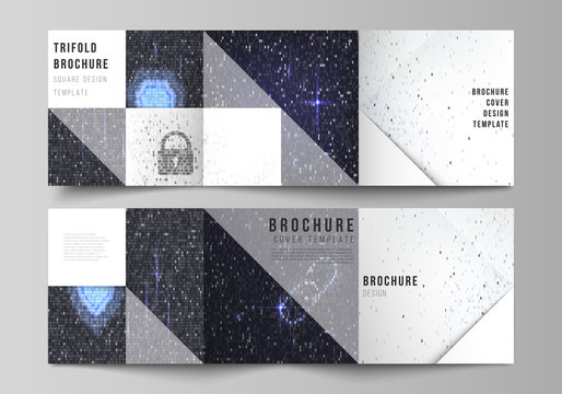 The minimal vector layout of two square format covers design templates for trifold square brochure, flyer. Binary code background. AI, big data, coding or hacker concept, digital technology background