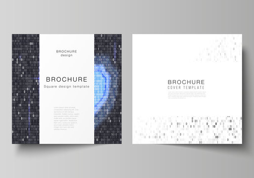 The minimal vector layout of two square format covers design templates for brochure, flyer, magazine. Binary code background. AI, big data, coding or hacker concept, digital technology background.