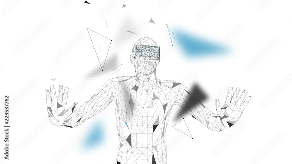 Wall mural man with glasses of virtual reality. future technology concept. abstract vr world with connecting li