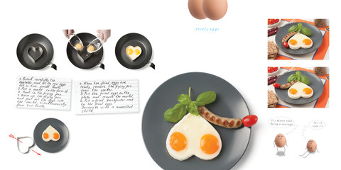 Page of recipe collection sexy bites with step-by-step pictures. Fried eggs with sausages, tomatoes and spinach. Intimate breakfast for lovers. Lovely eggs.