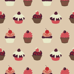 Seamless pattern with muffins and berries on a beige background