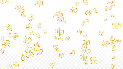 Luxury Vector Gold Percentage Sign Confetti on Transparent. Percent Sale Background. Business, Economics Print. Discount Illustration. Promotion Poster. Black Friday Banner. Special offer Template.