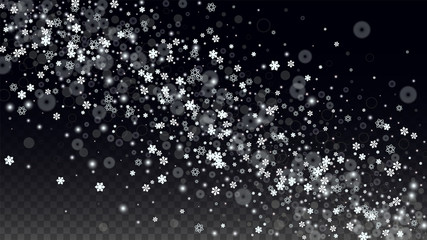 Christmas  Vector Background with White Falling Snowflakes Isolated on Transparent Background. Realistic Snow Sparkle Pattern. Snowfall Overlay Print. Winter Sky. Design for Party Invitation.