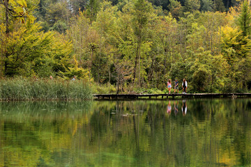 People walking on wooden path passing through a beautiful lake