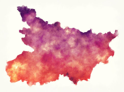 Bihar federal state watercolor map of India in front of a white background
