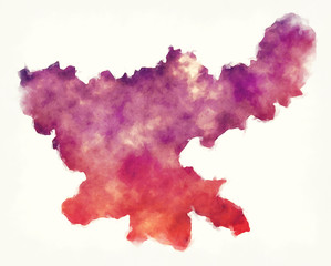 Jharkhand federal state watercolor map of India in front of a white background