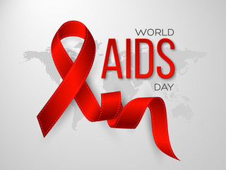 World Aids day concept. Realistic awareness red ribbon on grey map background. Vector illustration