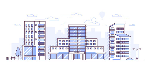 Cityscape with hospital - modern thin line design style vector illustration