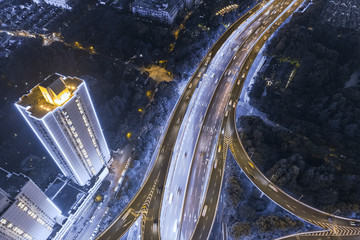 aerial view of highway interchange at night