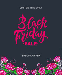 Black Friday text for banner, logo, badge, web, poster. Handwritten lettering Black Friday. Discount time. Vector illustration. Background with pink rose.