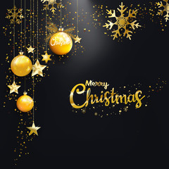 Merry Christmas Happy New Year golden christmas balls, star, diamond dust glitter black background
