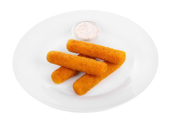 Hot appetizer Cheese sticks in crispy golden breaded, fried in oil, mayonnaise sauce, tar-tar, before alcohol food on plate, white isolated background Side view. For the menu, restaurant, bar, cafe