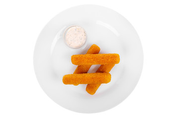 Hot appetizer Cheese sticks in crispy golden breaded, fried in oil, mayonnaise sauce, tar-tar, before alcohol on plate, white isolated background view from above. For the menu, restaurant, bar, cafe