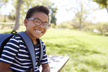 Young mixed race schoolboy in glasses smiling to camera