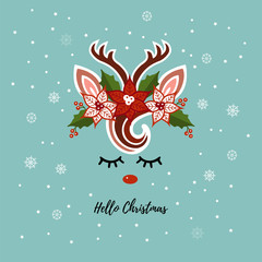 Fototapeta na wymiar Hello Christmas card. Deer vector illustration as logo, badge, patch isolated on background. Deer for invitation, birthday, greeting, party, Merry Christmas motive, t-shirt design, winter holidays