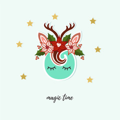 Cute Deer vector illustration as logo, badge, patch isolated on background. Deer for invitation, birthday, greeting, party, Merry Christmas motive, t-shirt design, winter holidays. Happy holidays card