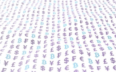 Bitcoin and currency on a white background. Digital crypto symbol. Wave effect, market fluctuations. Business concept. 3D illustration