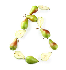 Composition with ripe pears on white background