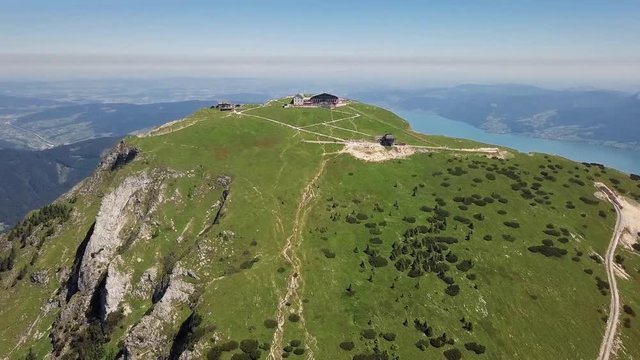 Flight around Schafberg summit in Salzkammergut, Upper Austria.
