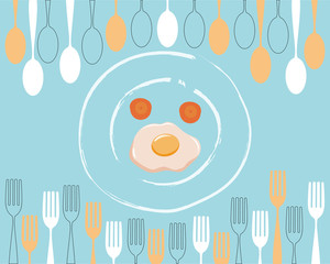Spoon,fork,slice corrot and fried egg on plate in blue background, illustration,vector of kitchen theme background