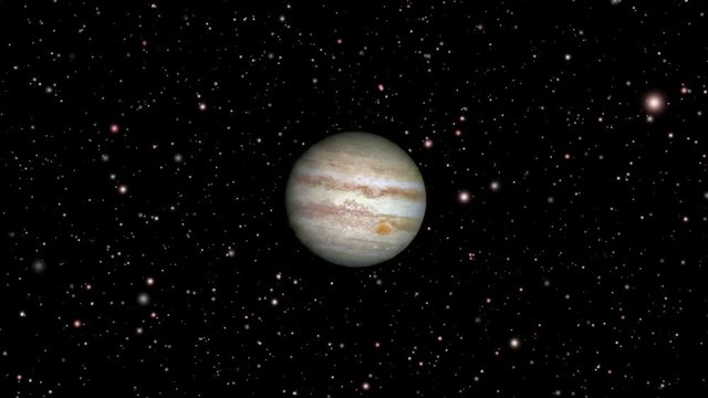 Travel to Jupiter planet zoom in flying star field in background, Contains public domain image by NASA