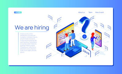 Fototapeta na wymiar Hiring programmer or app developer. Developers building mobile apps and working together on a user interface, communication and technology concept. Isometric 3d