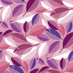 Pink geometric colorful fall leaves seamless pattern.