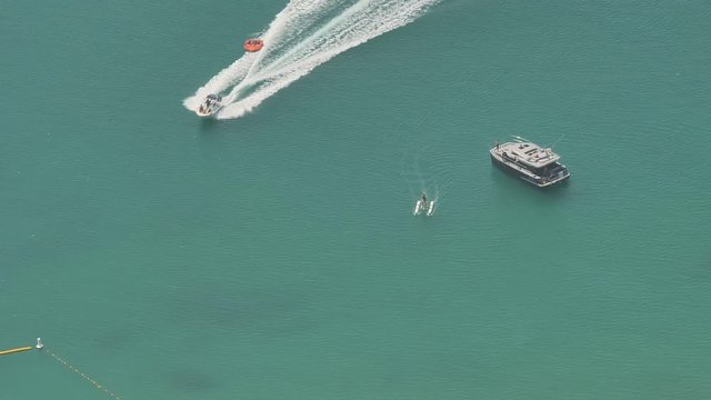 Water attraction, Boating in Dubai. View from a height.