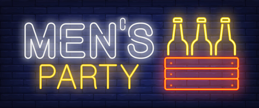 Mens party neon sign. Box with bottles of beer on brick wall background. Vector illustration in neon style for bachelor party, announcement, invitation