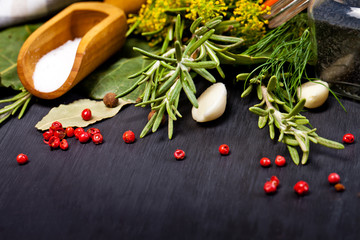 Aromatic spices for canning vegetables and mushrooms  on dark background.
