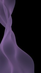 Abstract purple wave. Bright purple ribbon on black background. Purple scarf. Abstract smoke. Raster air background. Vertical image orientation. 3D illustration